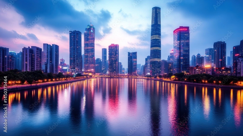 Urban skyline at dawn, reflecting in calm water. Modern skyscrapers, vibrant colors, tranquil scene Urban skyline at dawn, reflecting in calm water. Modern skyscrapers, vibrant colors, tranquil scene