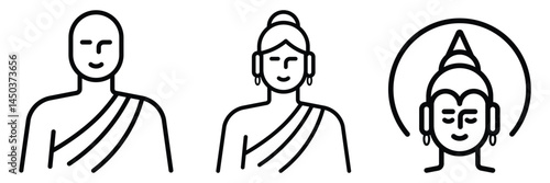 Meditation icon set depicting monk buddha and spiritual enlightenment in minimalist linear style vector illustration collection.