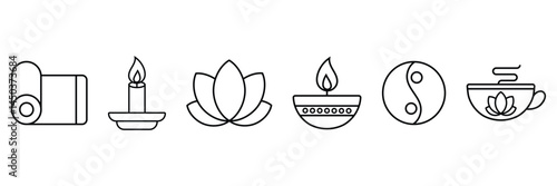 Therapy icon set featuring yoga mat, candle, lotus, yin yang and tea cup vector illustration collection.