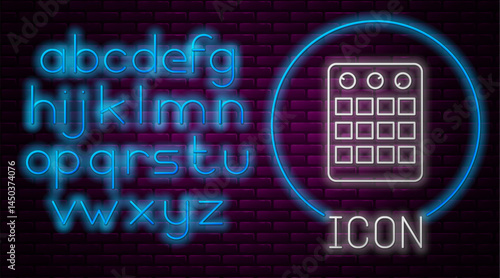 Glowing neon line Drum machine icon isolated on brick wall background. Musical equipment. Neon light alphabet. Vector