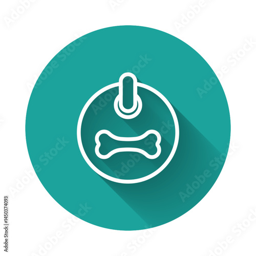 White line Dog collar with name tag and bone plaque icon isolated with long shadow background. Supplies for domestic animal. Cat and dog care. Pet dog chains. Green circle button. Vector