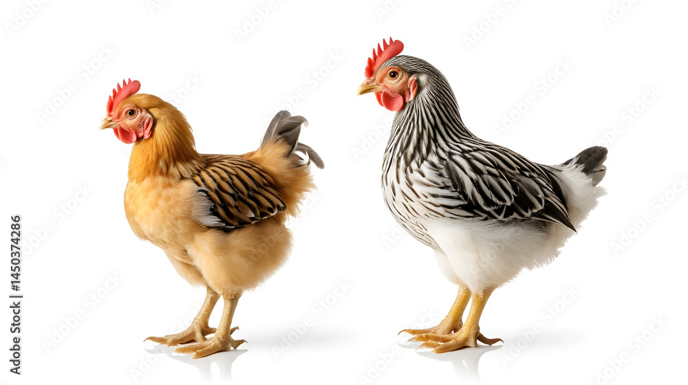 Fototapeta premium the beside view baby Wyandotte chicken standing, left side view, low angle, white copy space on right, Isolated on White Background