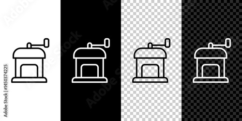 Set line Manual coffee grinder icon isolated on black and white, transparent background. Vector