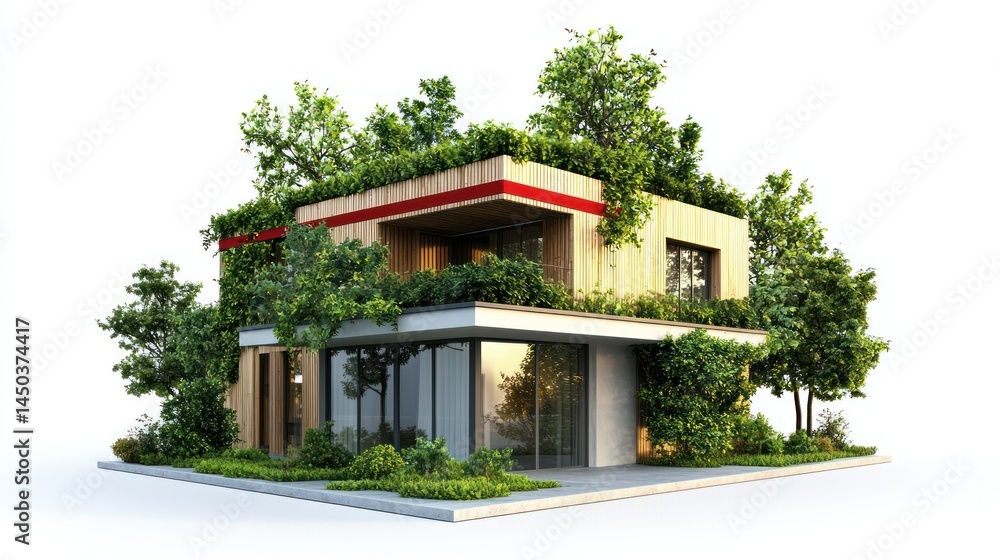 Modern eco-friendly home with red ribbon wrapping from roof to base on white background. Modern eco-friendly home with red ribbon wrapping from roof to base on white background.