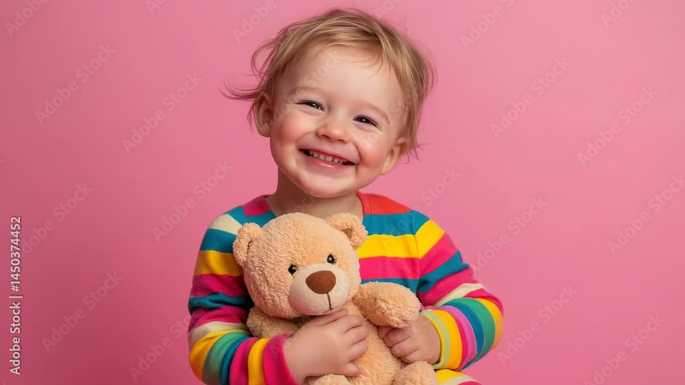 Smiling child holding teddy bear against pink background Smiling child holding teddy bear against pink background