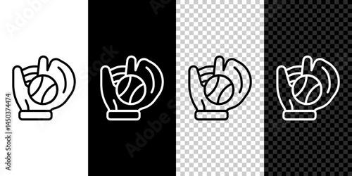 Set line Baseball glove with ball icon isolated on black and white, transparent background. Vector