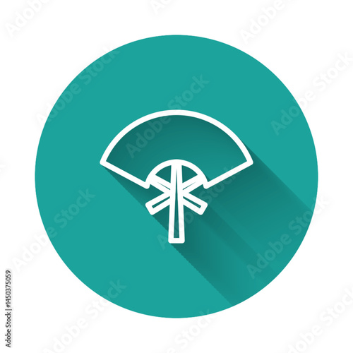 White line Traditional paper chinese or japanese folding fan icon isolated with long shadow background. Green circle button. Vector