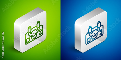 Isometric line Aircraft steering helm icon isolated on green and blue background. Aircraft control wheel. Silver square button. Vector