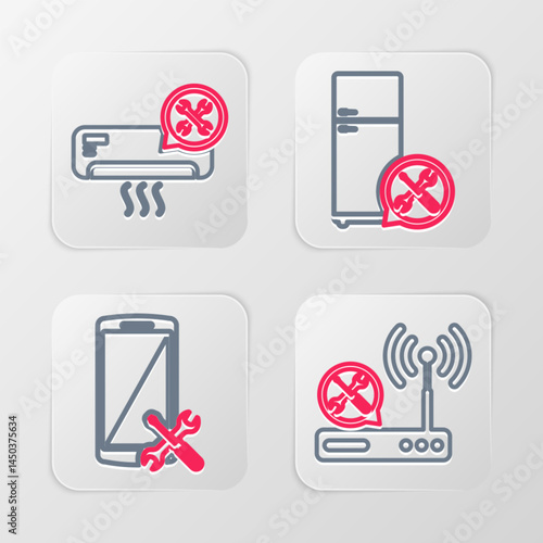 Set line Router wi-fi service, Smartphone, Refrigerator and Air conditioner icon. Vector