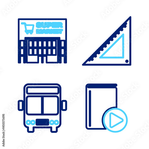 Set line Audio book, Bus, Triangular ruler and Supermarket building icon. Vector