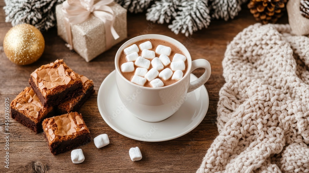 Cozy holiday scene with hot chocolate topped with hmallows, surrounded by Christmas decorations, knitted blanket, and sweet treats on a wooden table Cozy holiday scene with hot chocolate topped with hmallows, surrounded by Christmas decorations, knitted blanket, and sweet treats on a wooden table