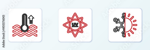 Set line Sun and snowflake, Water thermometer and UV protection icon. Vector