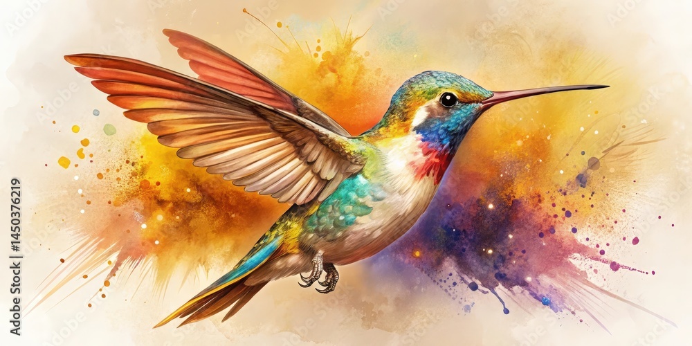 Obraz premium A Colorful Hummingbird in Flight with Watercolor Splashes of Yellow, Orange, Red, Purple, and Green