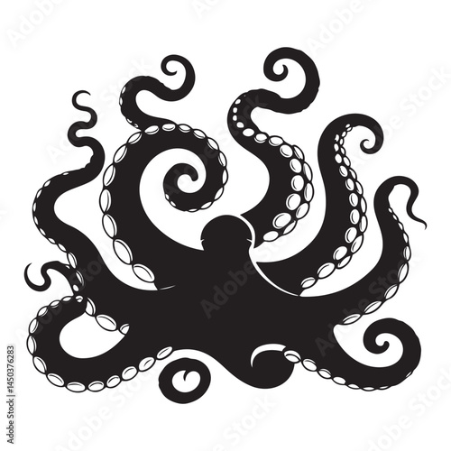 Black silhouette of octopus tentacles. Isolated sea monster drawing. Kraken sketch. Underwater animal wall art Vector Black silhouettes. with white background