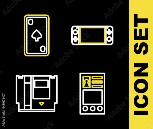 Set line Portable video game console, Create account screen, Cartridge and Playing card with diamonds icon. Vector