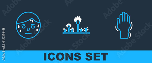 Set line Hand with psoriasis or eczema, Man excessive sweating and Mold icon. Vector
