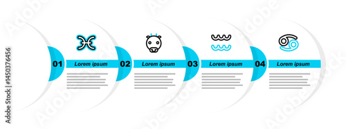 Set line Cancer zodiac, Aquarius, Ox and Pisces icon. Vector