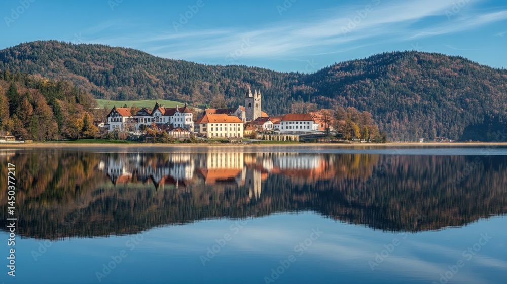 Fototapeta premium Picturesque Lakeside Town Reflection in Autumn