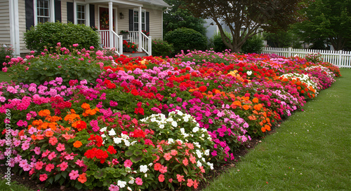 Wallpaper Mural Brilliant Impatiens Flowers Adorn Front Yard of Suburban Home in the Summer Torontodigital.ca