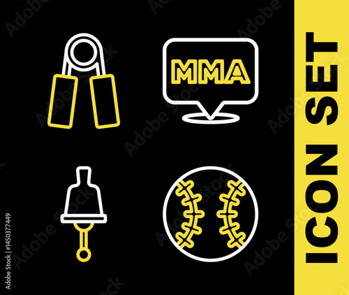 Set line Fight club MMA, Baseball ball, Ringing bell and Sport expander icon. Vector