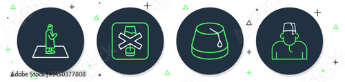Set line No alcohol, Turkish hat, Muslim man prays and icon. Vector