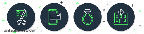 Set line Mobile banking, Diamond engagement ring, Scissors cutting credit card and Bank building icon. Vector