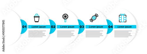 Set line Gift box, Candy, Lollipop and Cocktail shaker icon. Vector