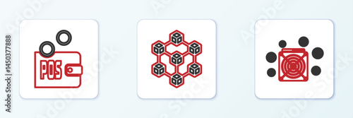 Set line ASIC Miner, Proof of stake and Blockchain technology icon. Vector