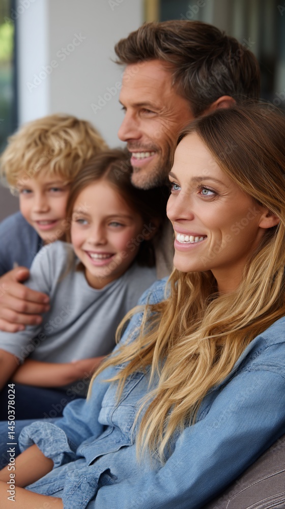 Happy family sitting outdoors on a patio, smiling, enjoying the sunshine. Possible use Family portrait, advertisement for a family vacation Happy family sitting outdoors on a patio, smiling, enjoying the sunshine. Possible use Family portrait, advertisement for a family vacation