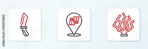 Set line Coral, Diving knife and Flippers for swimming icon. Vector