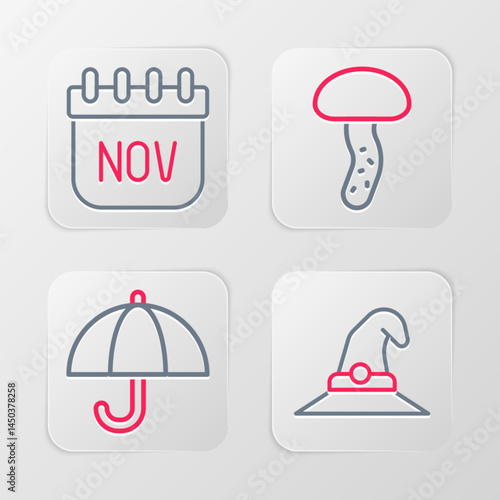 Set line Witch hat, Umbrella, Mushroom and November calendar autumn icon. Vector