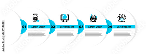 Set line Veterinary clinic, Paw print, Clinical record pet on monitor and Cat medicine bottle and pills icon. Vector