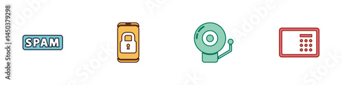 Set Spam, Mobile with closed padlock, Ringing alarm bell and Safe icon. Vector