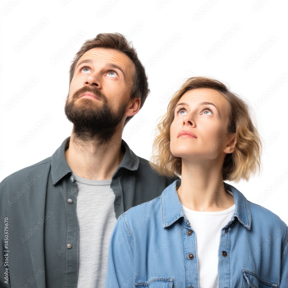Couple Looking Upwards with Expressions of Wonder and Curiosity