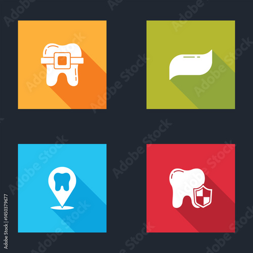 Set Teeth with braces, Toothpaste, Dental clinic location and protection icon. Vector