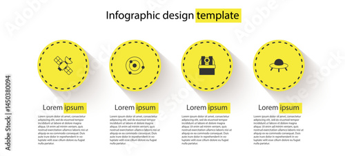 Set Satellite, Solar system, Astronomical observatory and UFO flying spaceship. Business infographic template. Vector