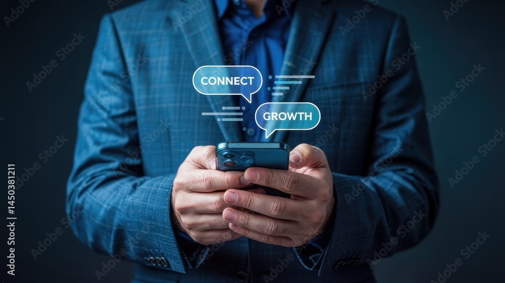 Businessperson using a mobile phone displaying connection and growth concepts. Businessperson using a mobile phone displaying connection and growth concepts.