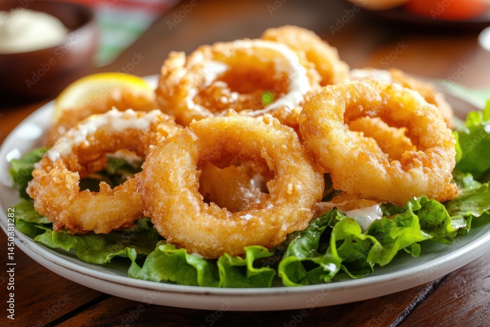 Crispy golden onion rings served on a bed of fresh lettuce with lemon slices Crispy golden onion rings served on a bed of fresh lettuce with lemon slices