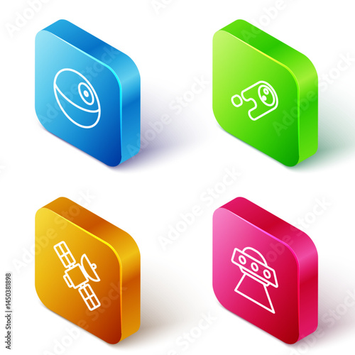 Set Isometric line Planet, Comet falling down fast, Satellite and UFO flying spaceship icon. Vector