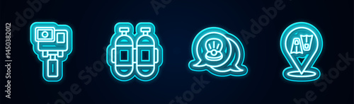 Set line Action extreme camera, Aqualung, Scallop sea shell and Flippers for swimming. Glowing neon icon. Vector