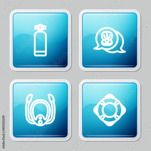 Set line Aqualung, Scallop sea shell, Diving mask with snorkel and Lifebuoy icon. Vector