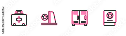 Set line First aid kit, Locker or changing room, Football goal with ball and learning book icon. Vector