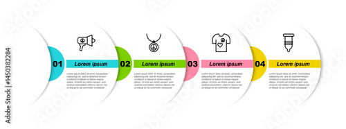 Set line Megaphone, Necklace with peace symbol, Peace t-shirt print stamp and Condom. Business infographic template. Vector