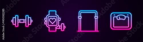 Set line Dumbbell, Smart watch with heart, Sport horizontal bar and Bathroom scales. Glowing neon icon. Vector