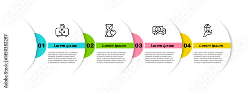 Set line First aid kit, Donate child toys, Humanitarian truck and Give gift. Business infographic template. Vector