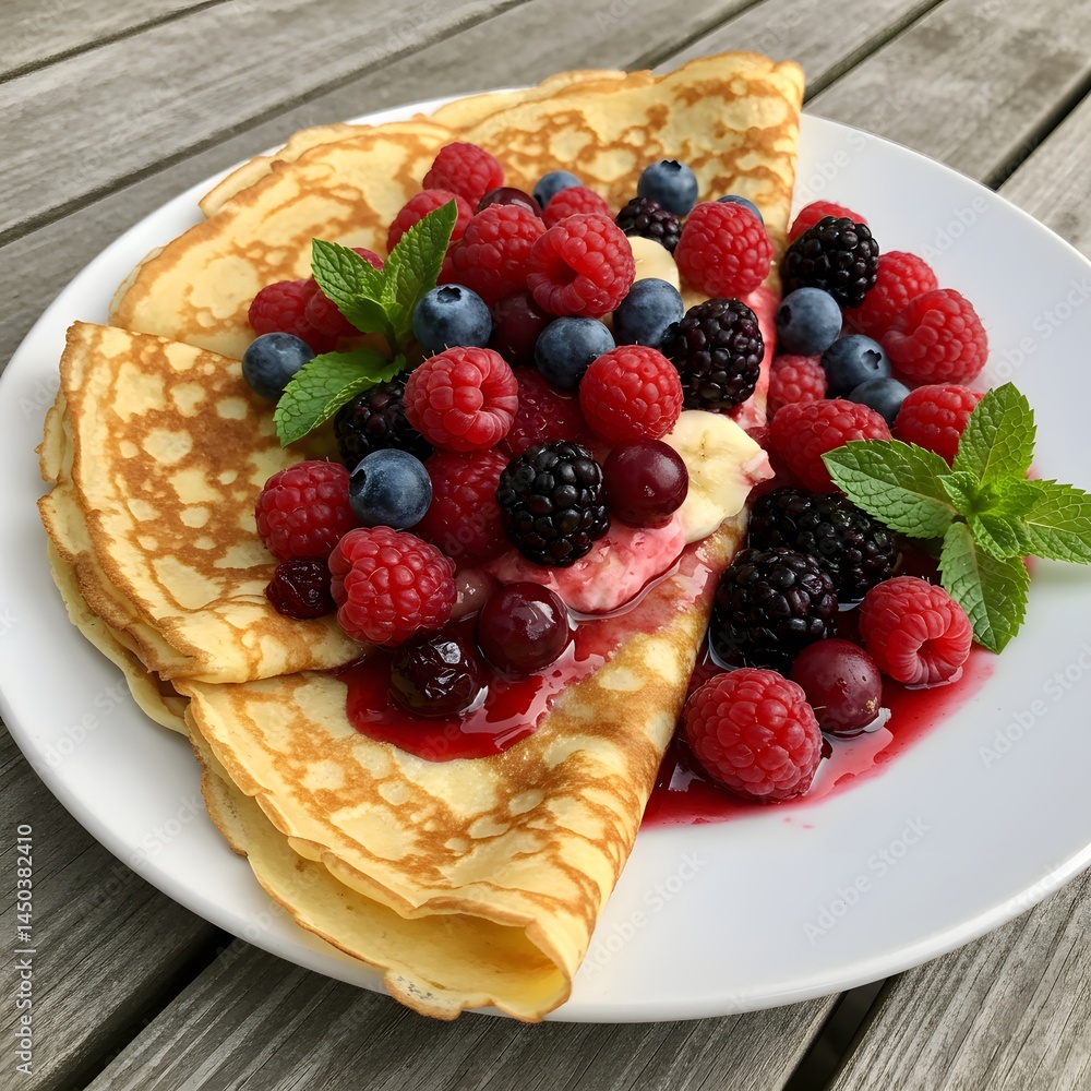 Delicious Crepes Topped with Fresh Berries and Creamy Sauce Delicious Crepes Topped with Fresh Berries and Creamy Sauce