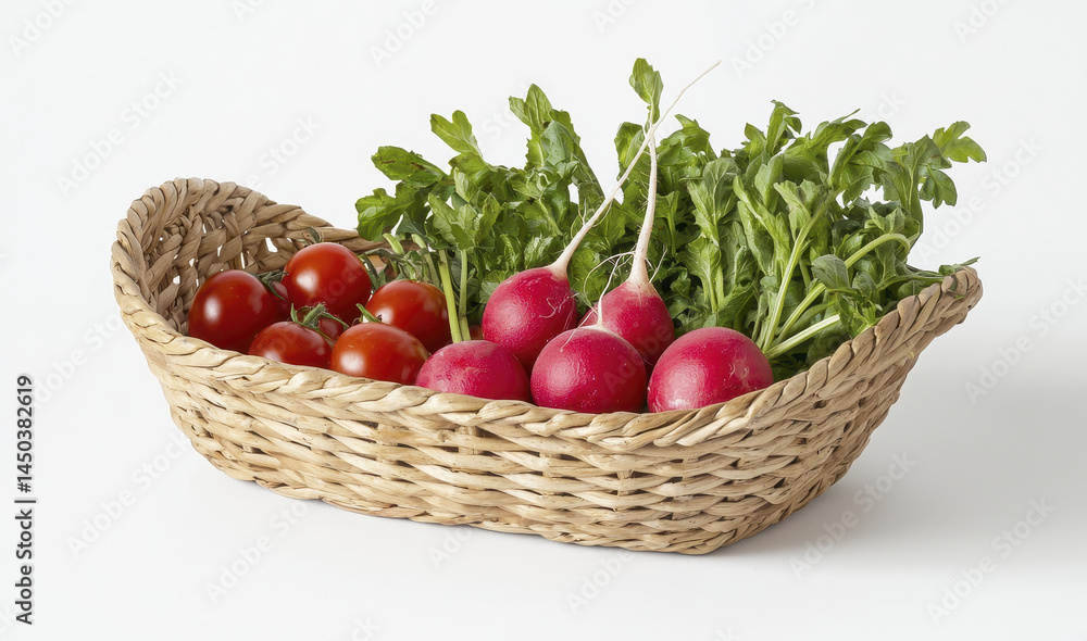 Fresh vegetables in woven basket, including tomatoes and radishes, evoke sense of healthy eating and natural beauty Fresh vegetables in woven basket, including tomatoes and radishes, evoke sense of healthy eating and natural beauty