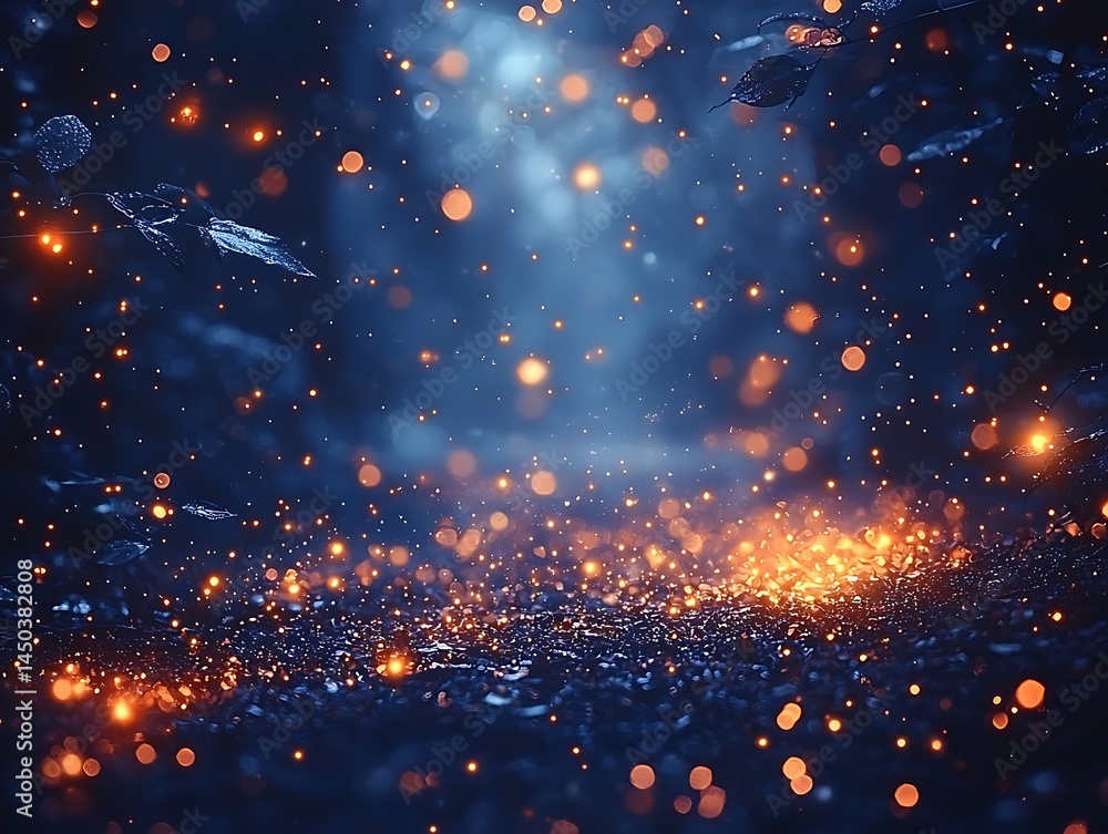 Obraz premium Glowing particles on dark forest floor