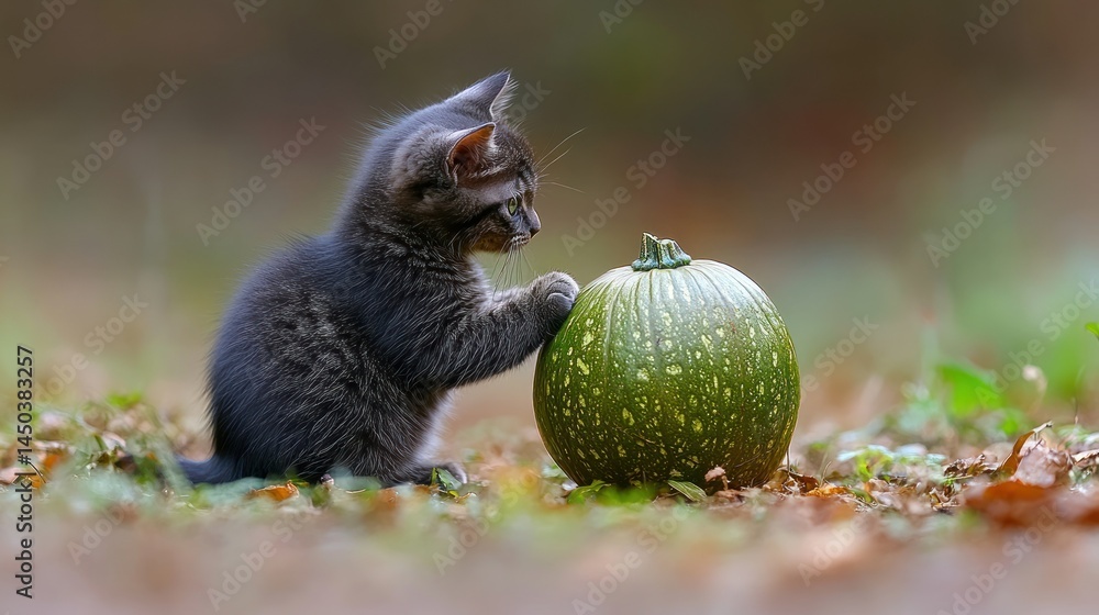Obraz premium Cute kitten exploring a green gourd