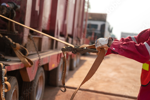 Obraz na plátně Action of a worker is tightening latching strap belt to secure the load object on trailer truck